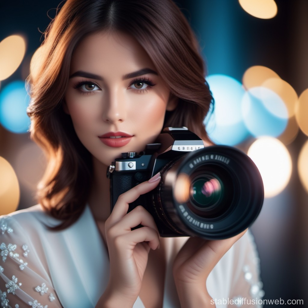 Elegant Woman Holding Professional Camera with Bokeh Lights