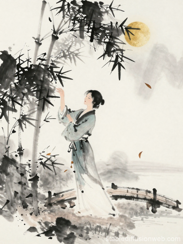 Elegant Woman in Autumn Ink Painting