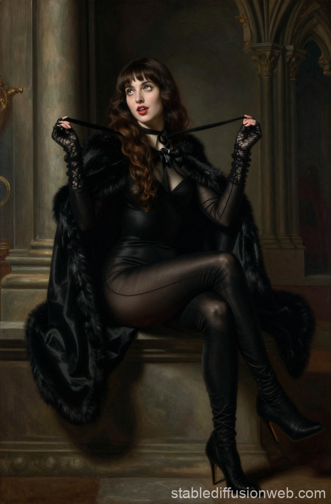 Elegant Woman in Black Catsuit and Fur Cape