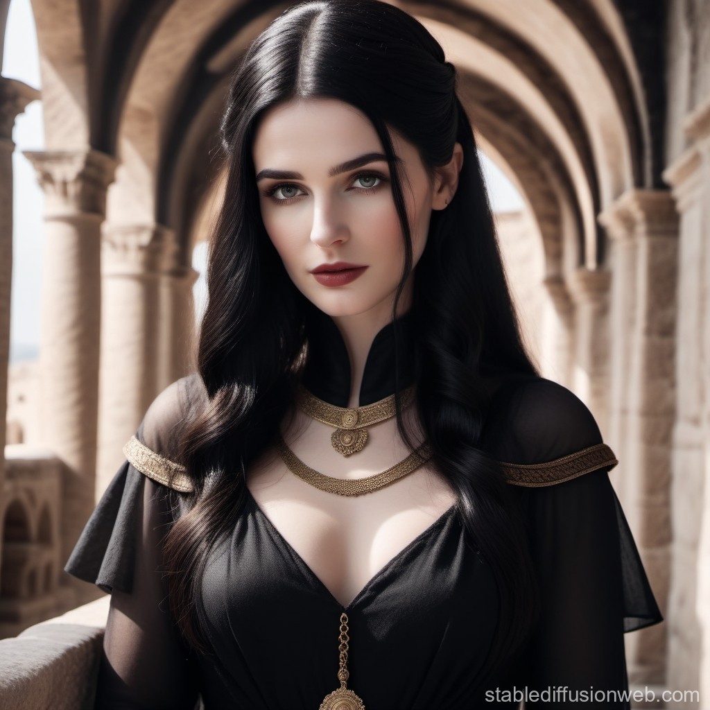 Elegant Woman in Black Dress with Gothic Architecture Background