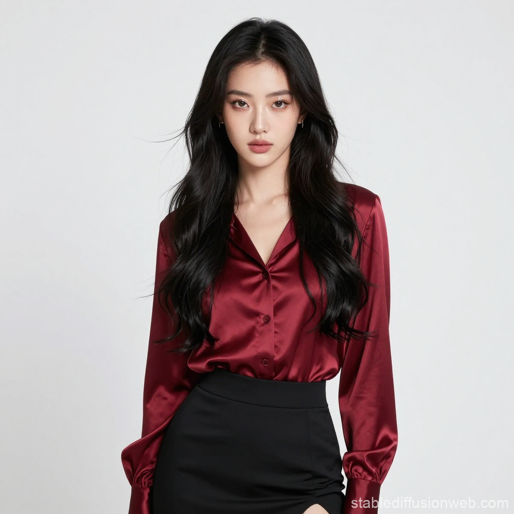 Elegant Woman in Burgundy Satin Blouse and Black Skirt