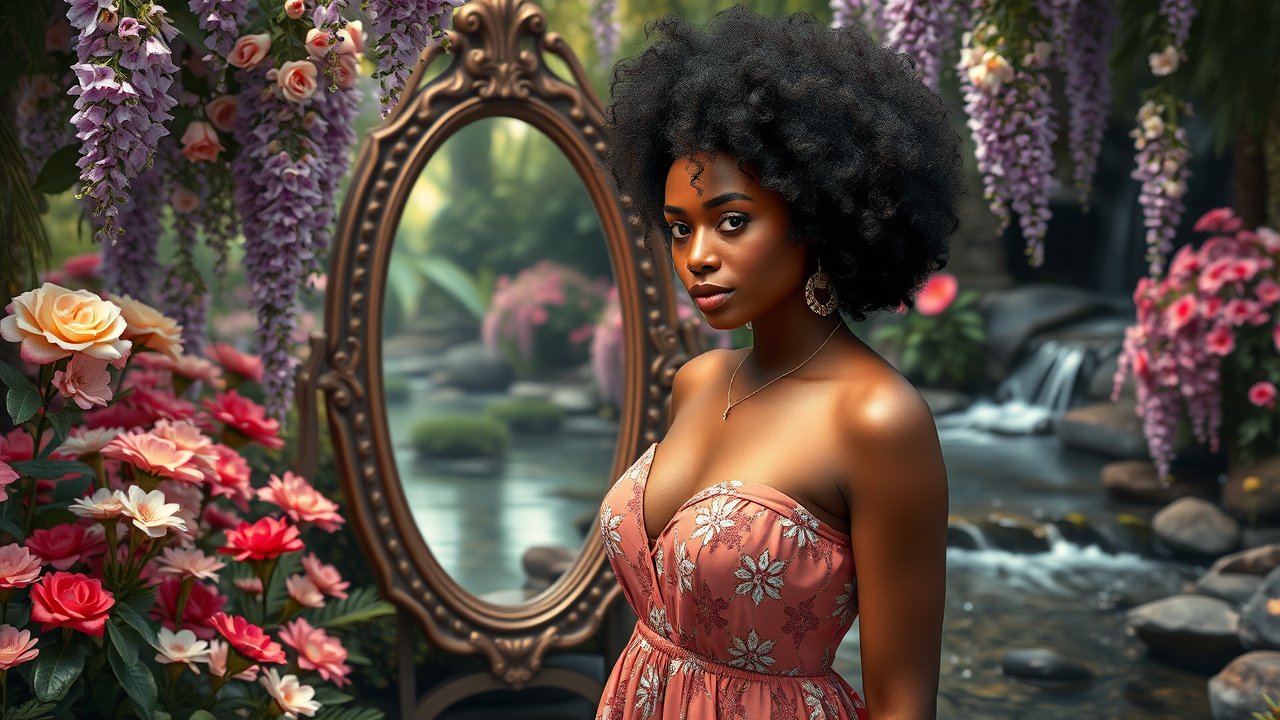 Elegant Woman in Floral Garden with Ornate Mirror