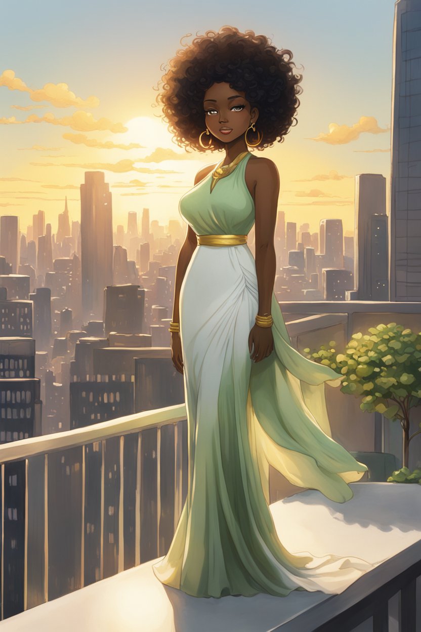 Elegant Woman in Flowing Dress at Sunset Balcony