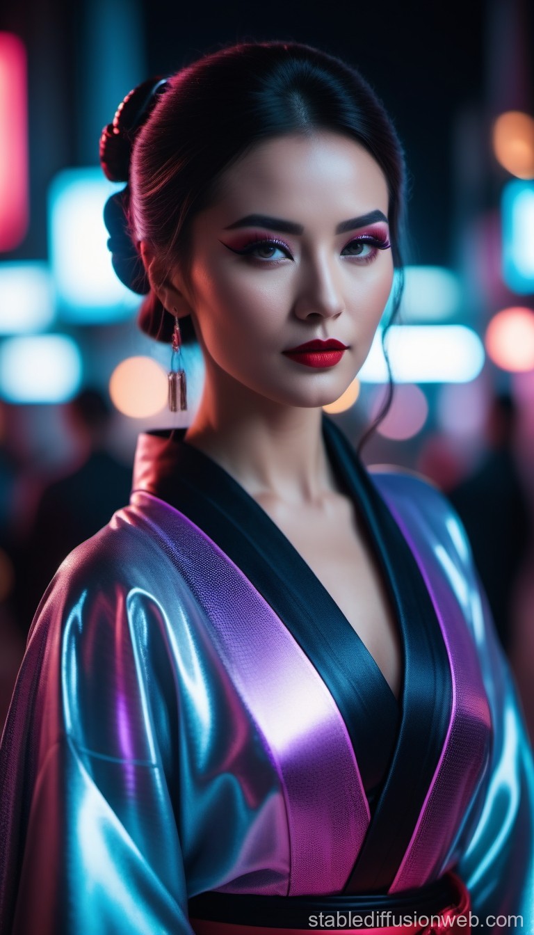 Elegant Woman in Futuristic Kimono with Neon Glow