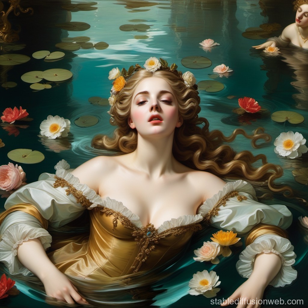 Elegant Woman in Golden Dress Floating Among Water Lilies