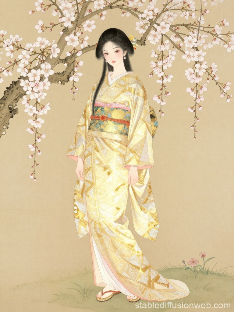 Elegant Woman in Golden Kimono Under Cherry Blossoms