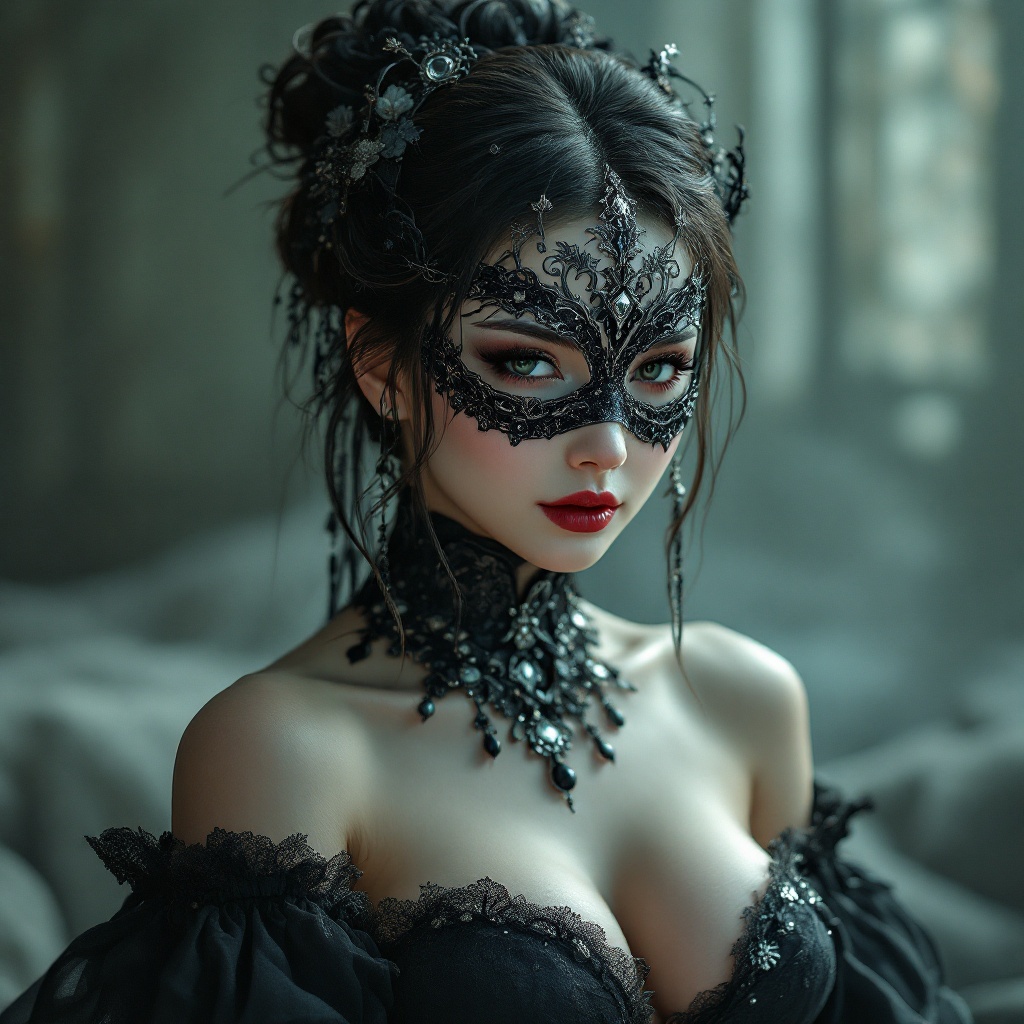 Elegant Woman in Intricate Black Lace Mask and Gothic Attire
