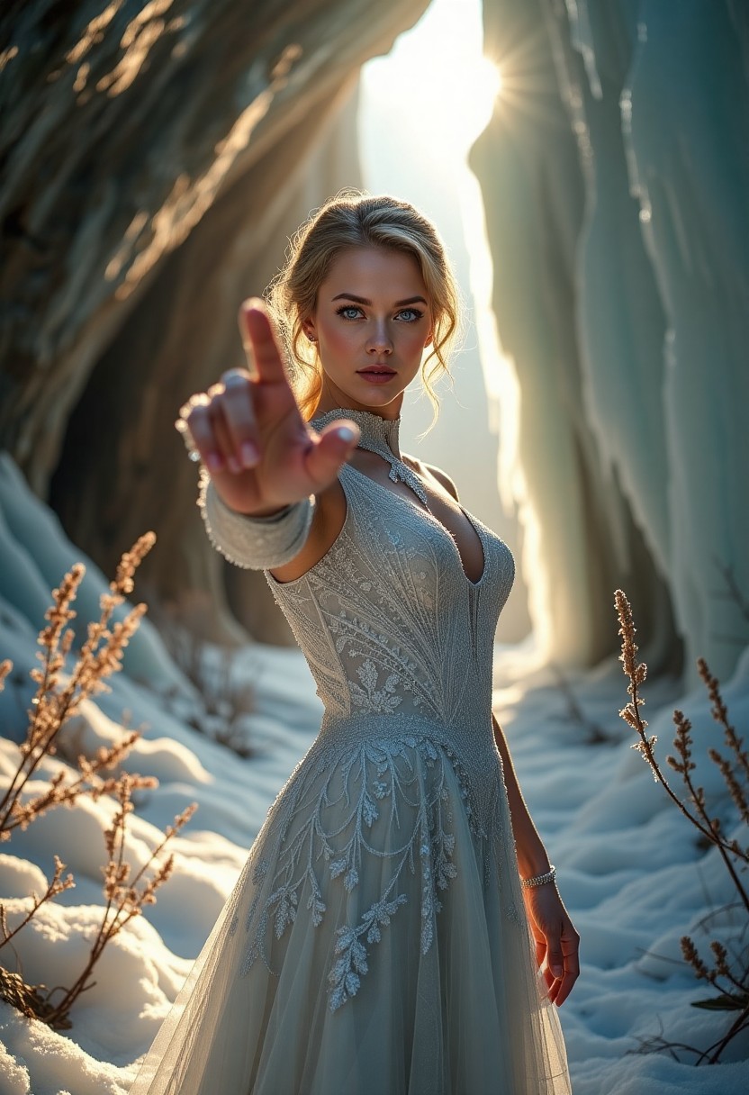 Elegant Woman in Intricate Dress Reaching Out in Snowy Forest