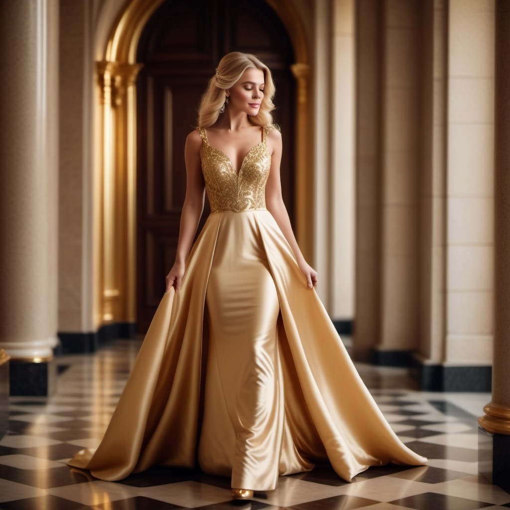 Elegant Woman in Luxurious Gold Evening Gown