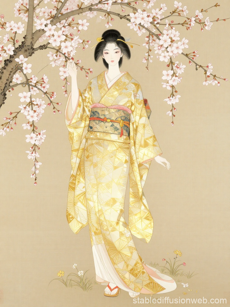 Elegant Woman in Nishijin Kimono with Cherry Blossoms