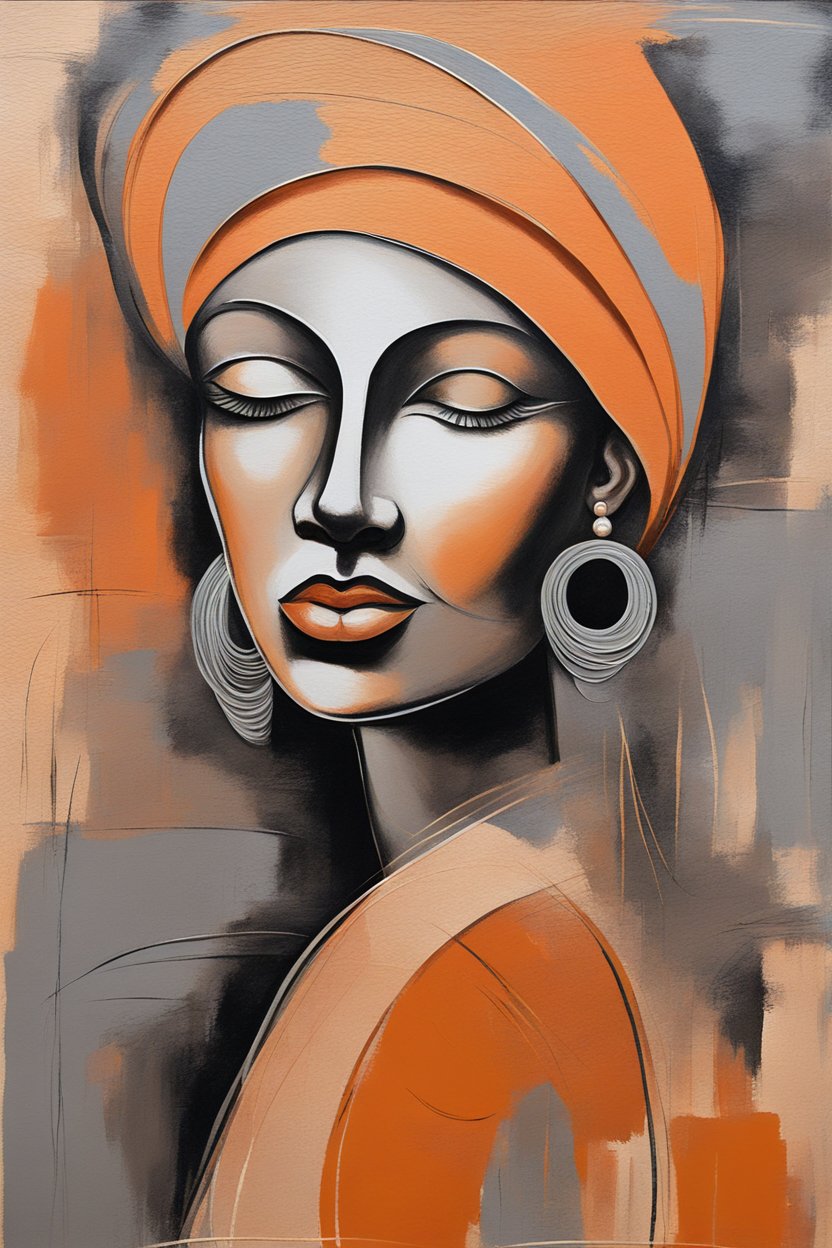 Elegant Woman in Orange Headwrap Abstract Portrait