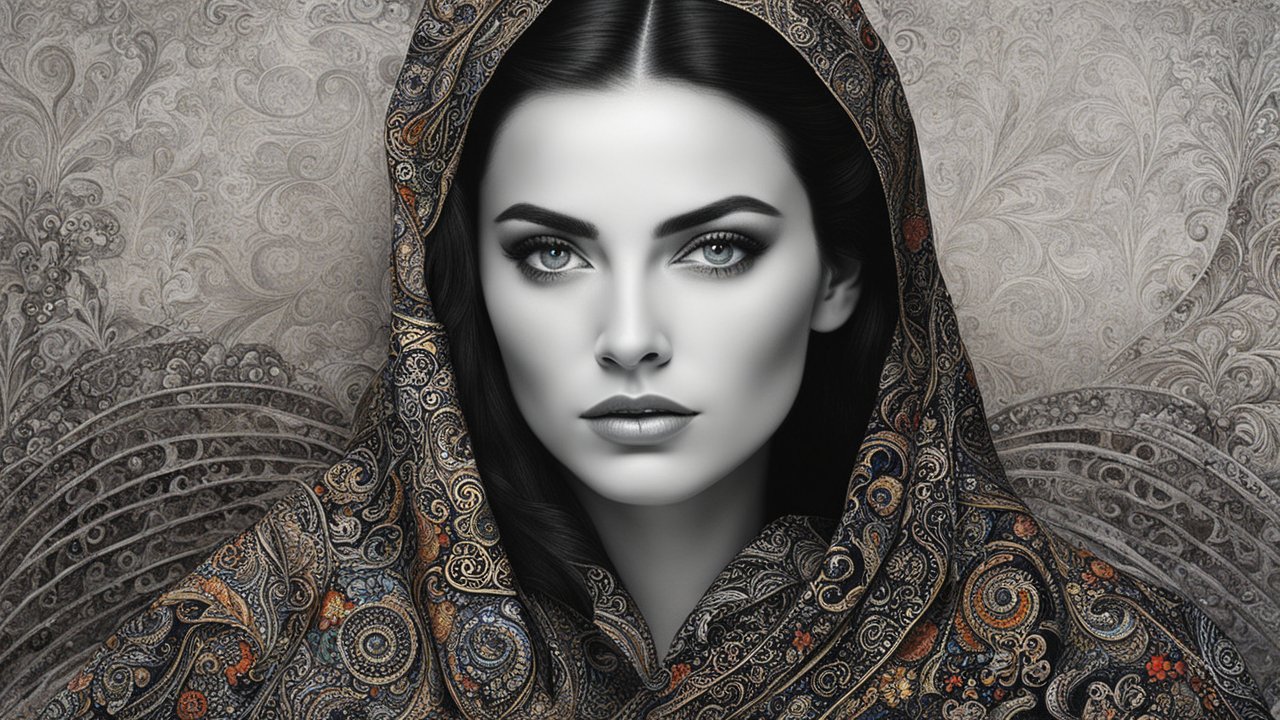 Elegant Woman in Ornate Shawl with Intricate Patterns