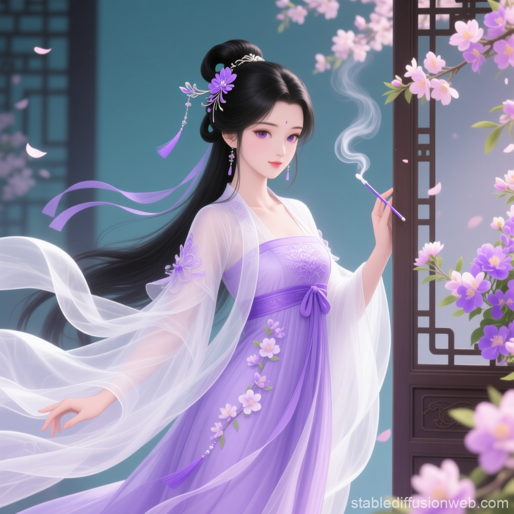 Elegant Woman in Purple Hanfu with Blossoms and Incense