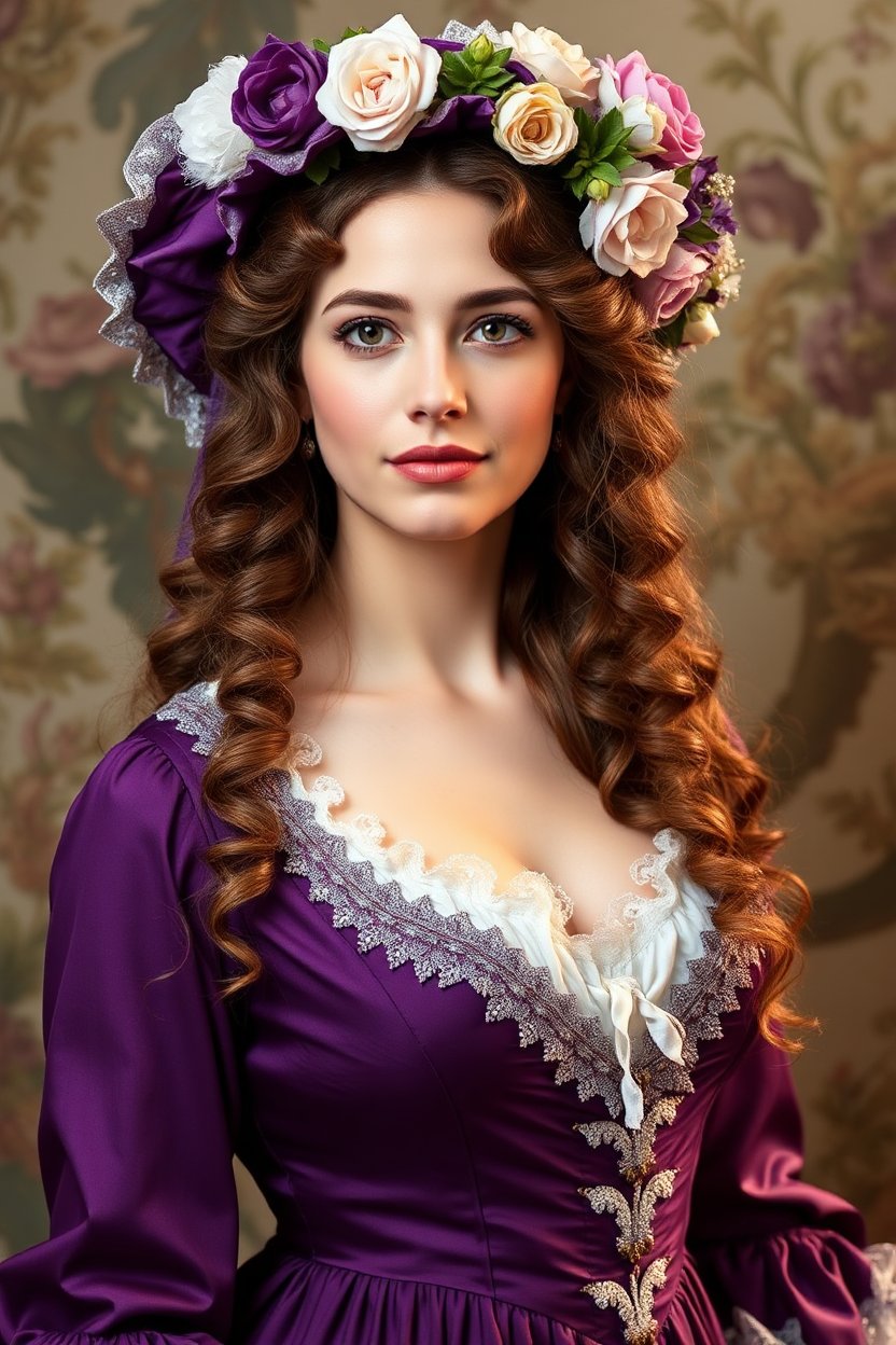 Elegant Woman in Purple Vintage Dress with Floral Crown