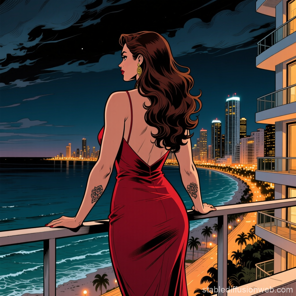 Elegant Woman in Red Dress Overlooking Miami Nightscape