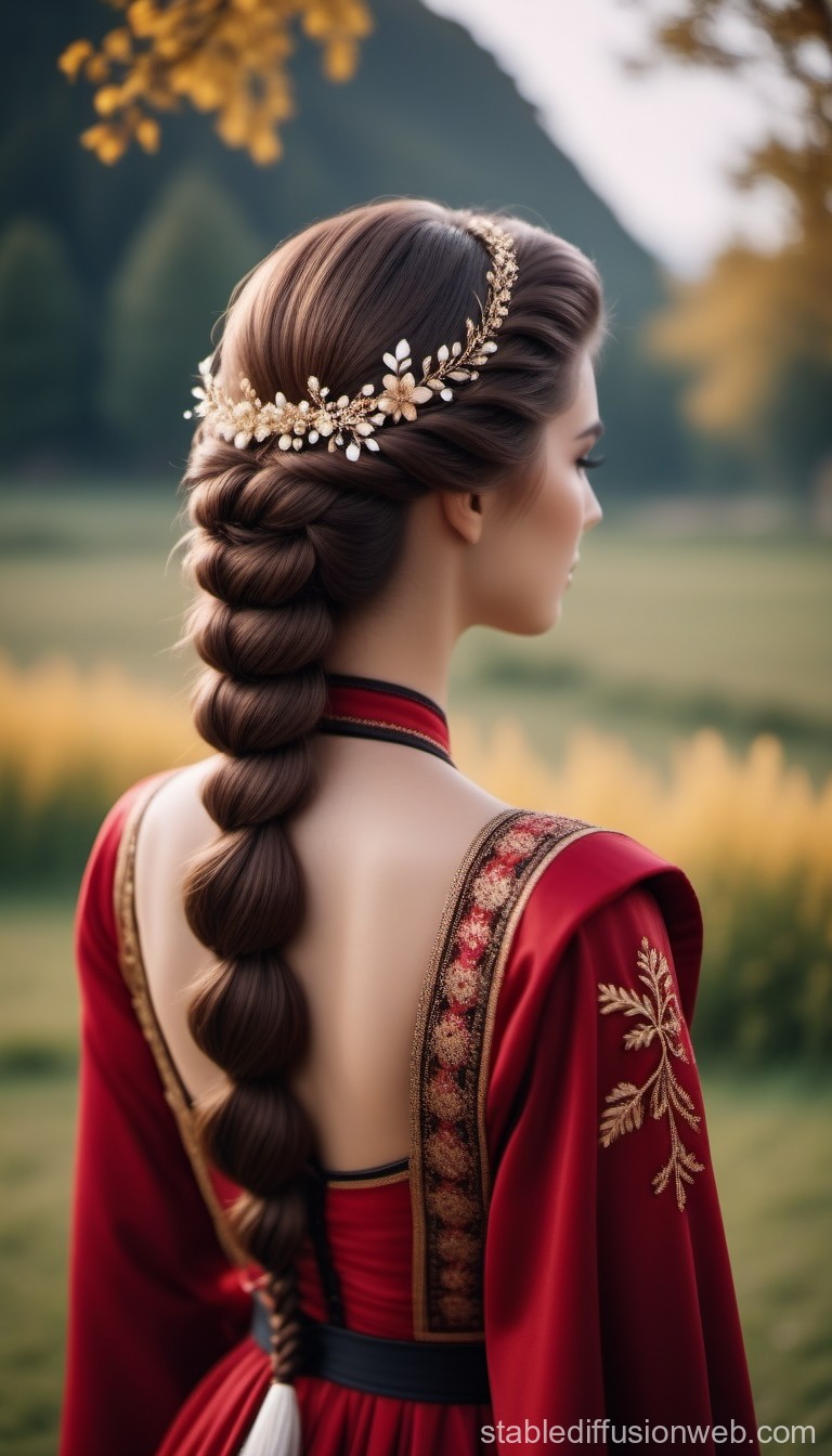 Elegant Woman in Red Dress with Braided Hair and Floral Headpiece