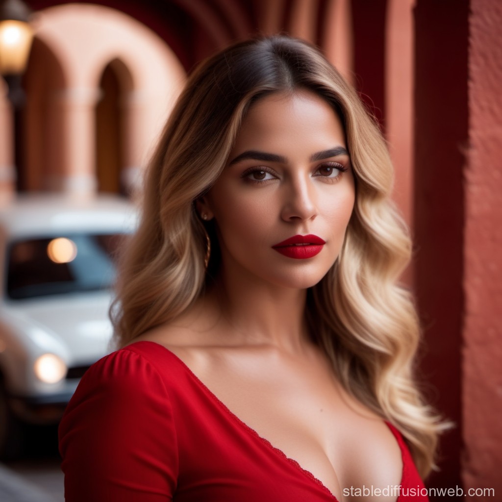 Elegant Woman in Red Dress with Classic Car Background