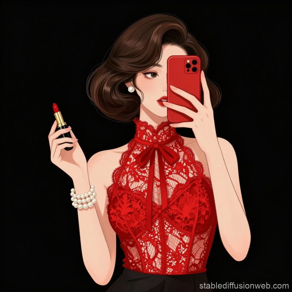 Elegant Woman in Red Lace Top Taking a Selfie