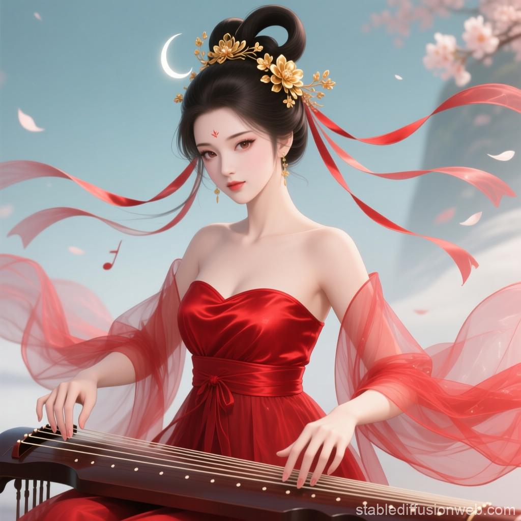 Elegant Woman in Red Playing Guzheng with Cherry Blossoms