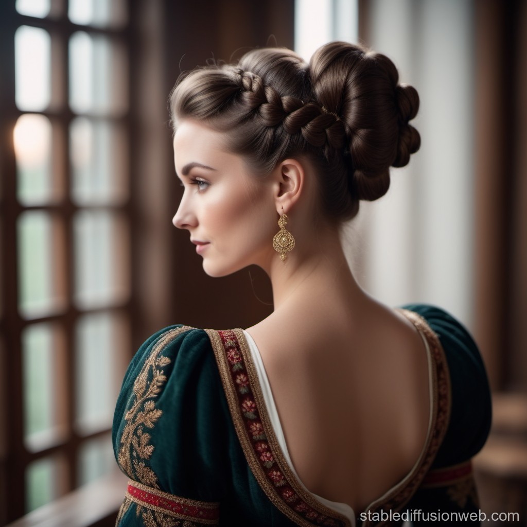 Elegant Woman in Renaissance-Inspired Attire by Window