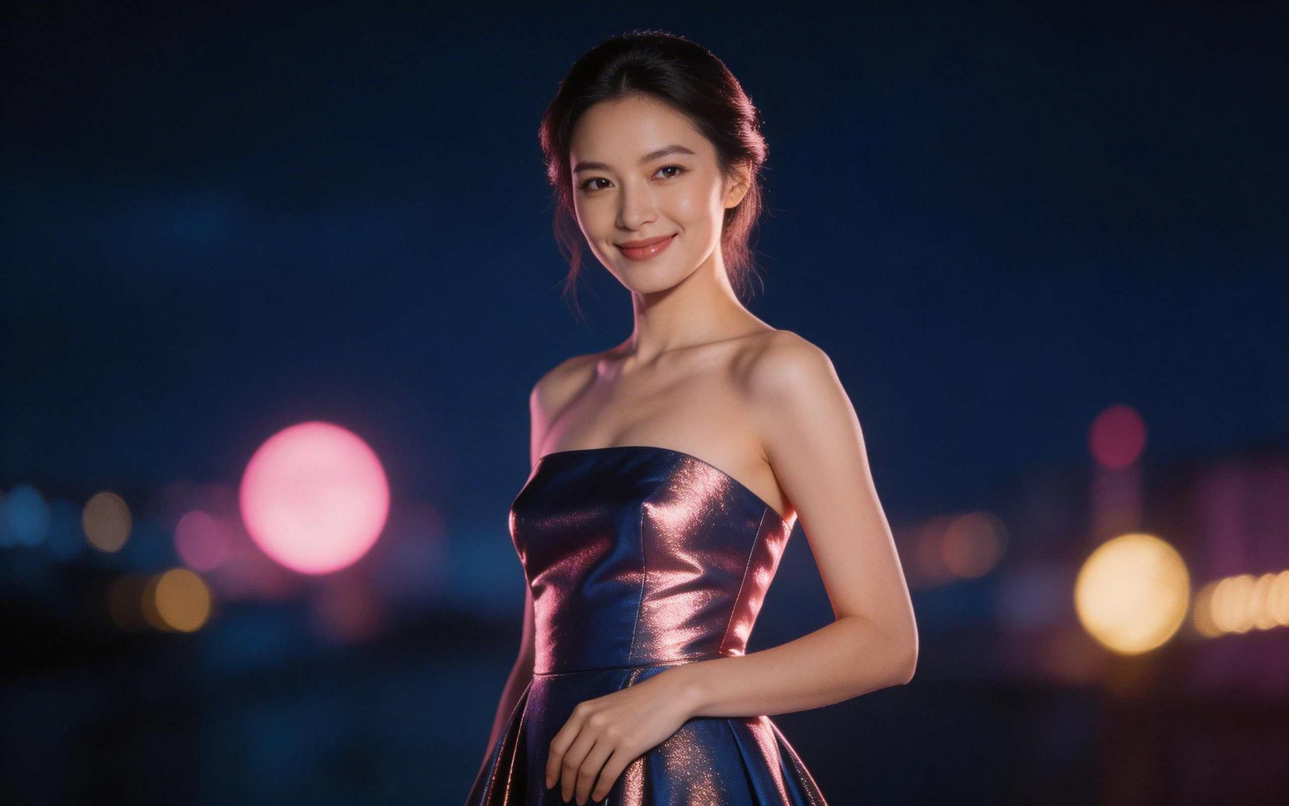 Elegant Woman in Shimmering Evening Gown at Night