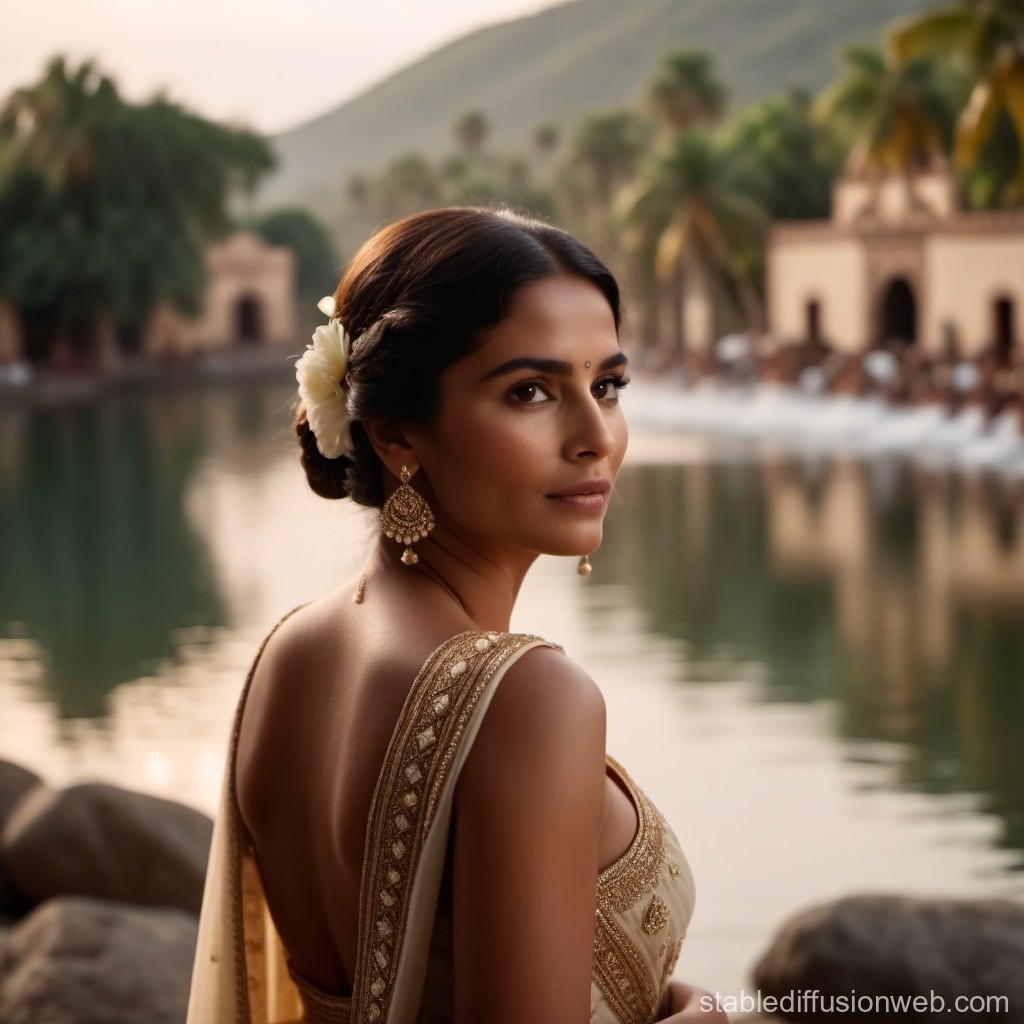 Elegant Woman in Traditional Attire by Serene Lake