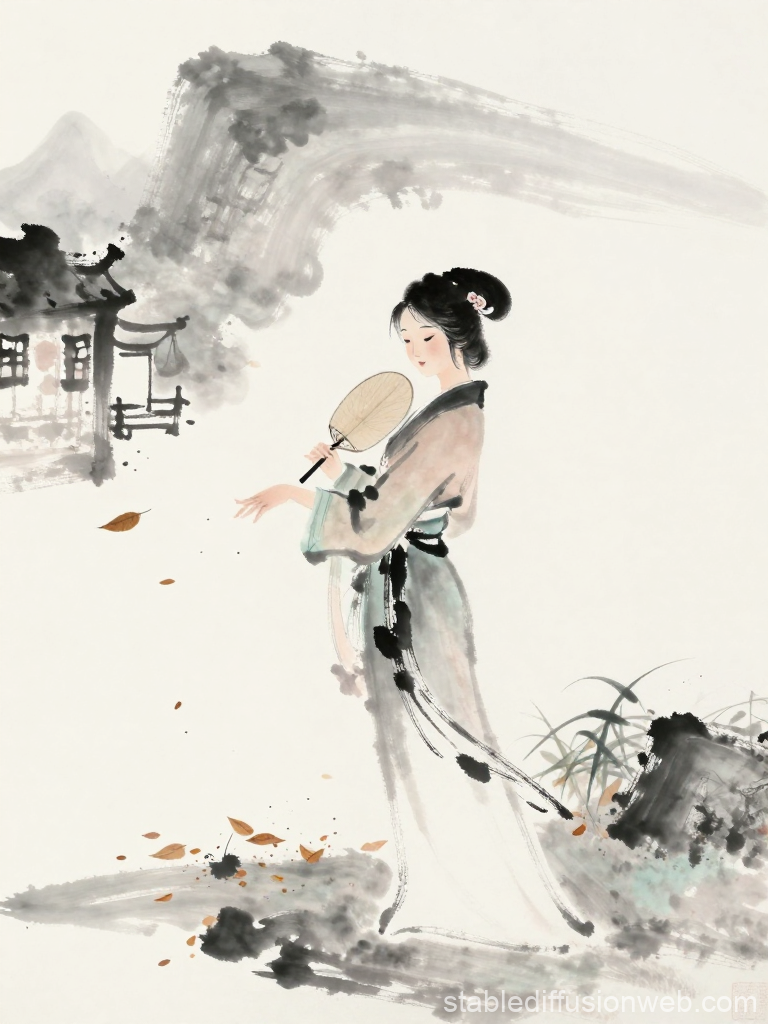 Elegant Woman in Traditional Attire with Autumn Leaves