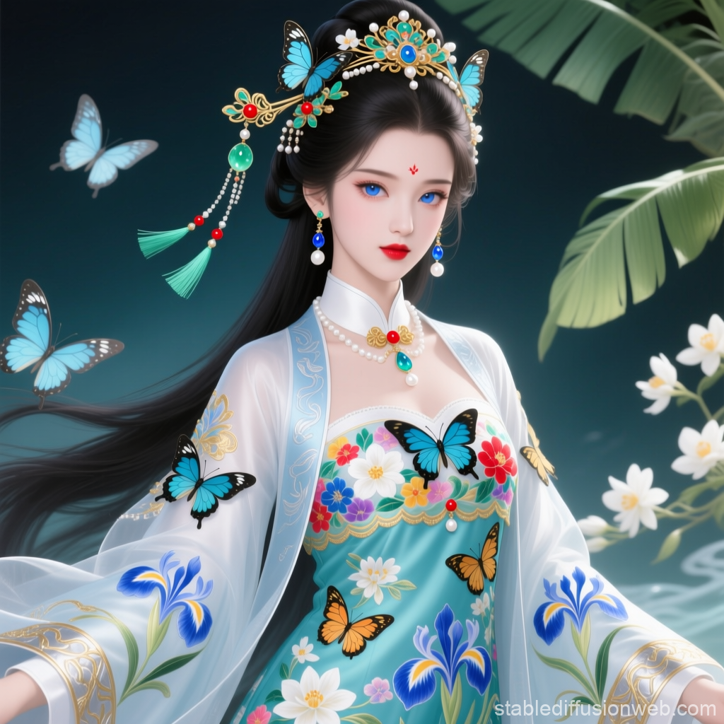 Elegant Woman in Traditional Attire with Butterflies
