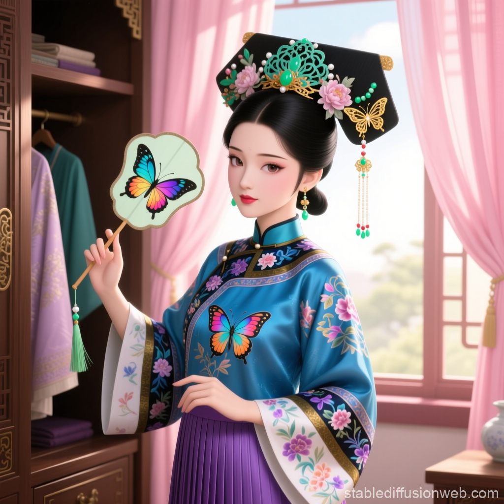 Elegant Woman in Traditional Chinese Attire with Butterfly Fan