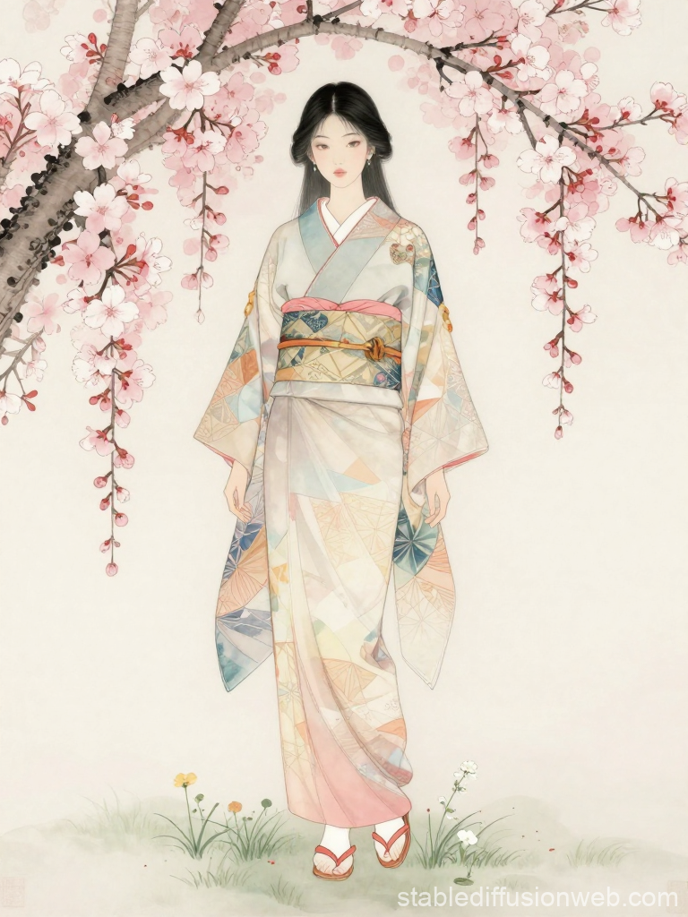 Elegant Woman in Traditional Kimono Under Cherry Blossoms