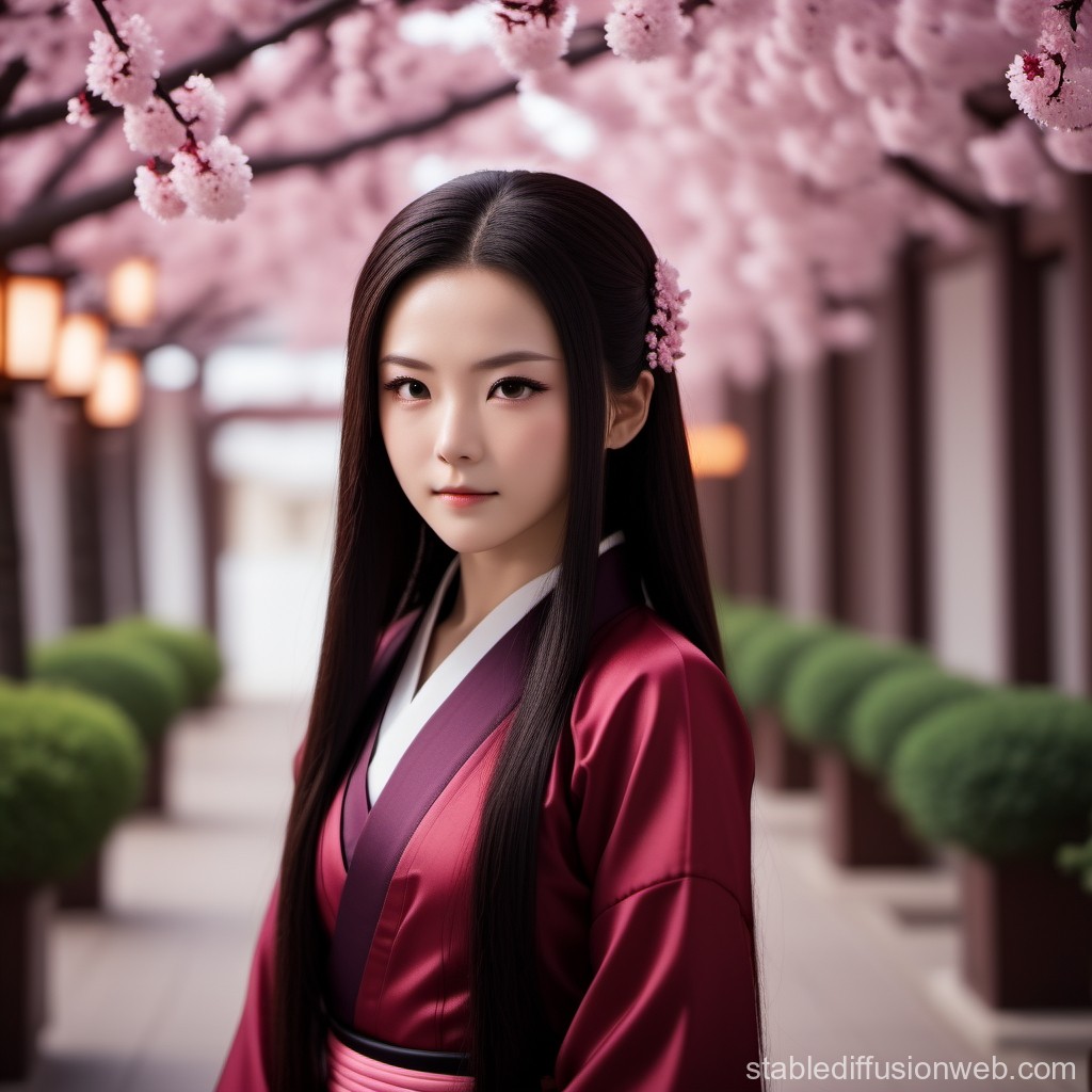 Elegant Woman in Traditional Kimono Under Cherry Blossoms