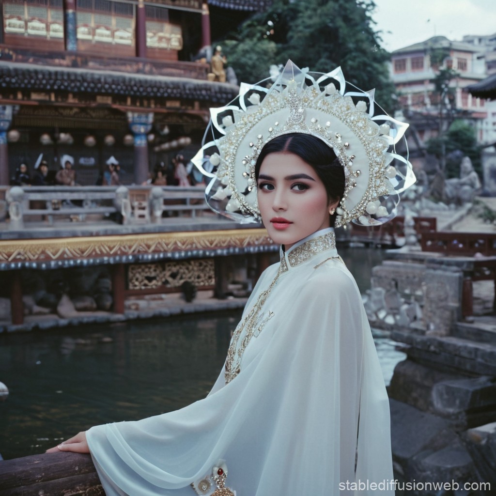 Elegant Woman in Traditional Ornate Costume by Historic Architecture
