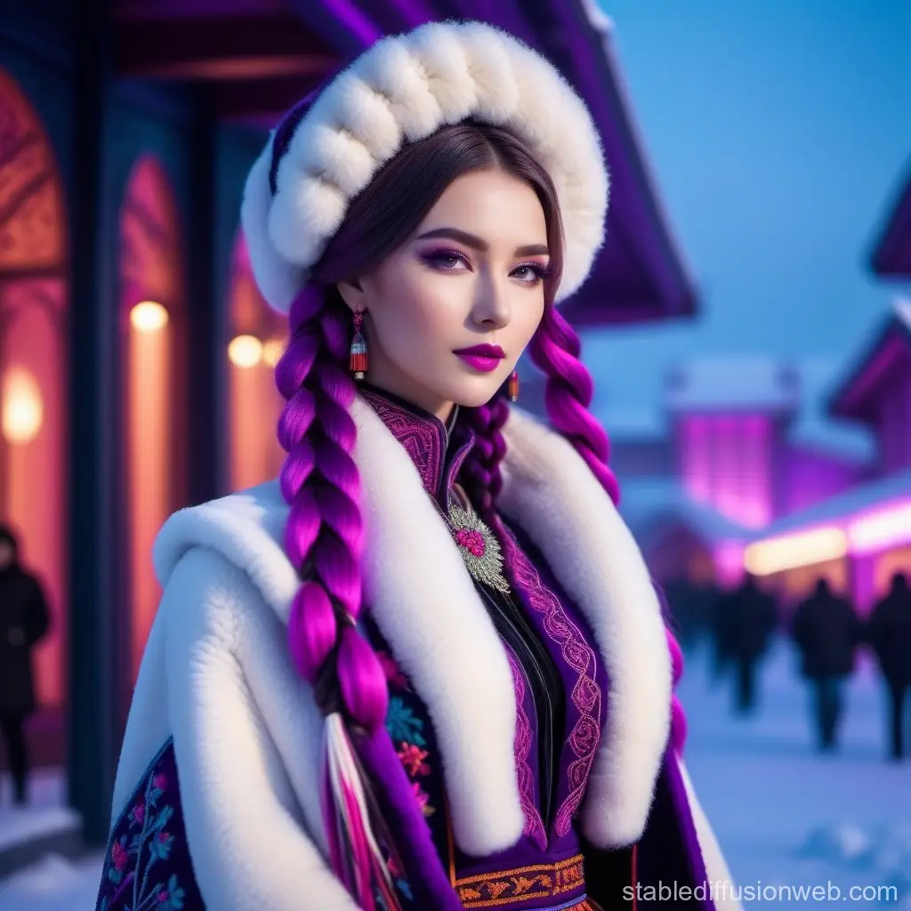 Elegant Woman in Traditional Winter Attire with Vibrant Braids