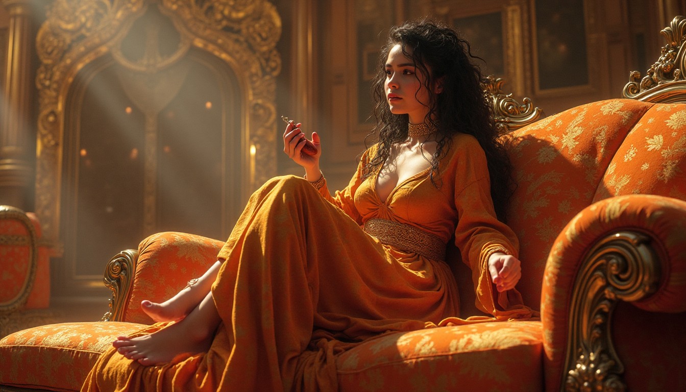 Elegant Woman in Vintage Orange Dress on Ornate Sofa
