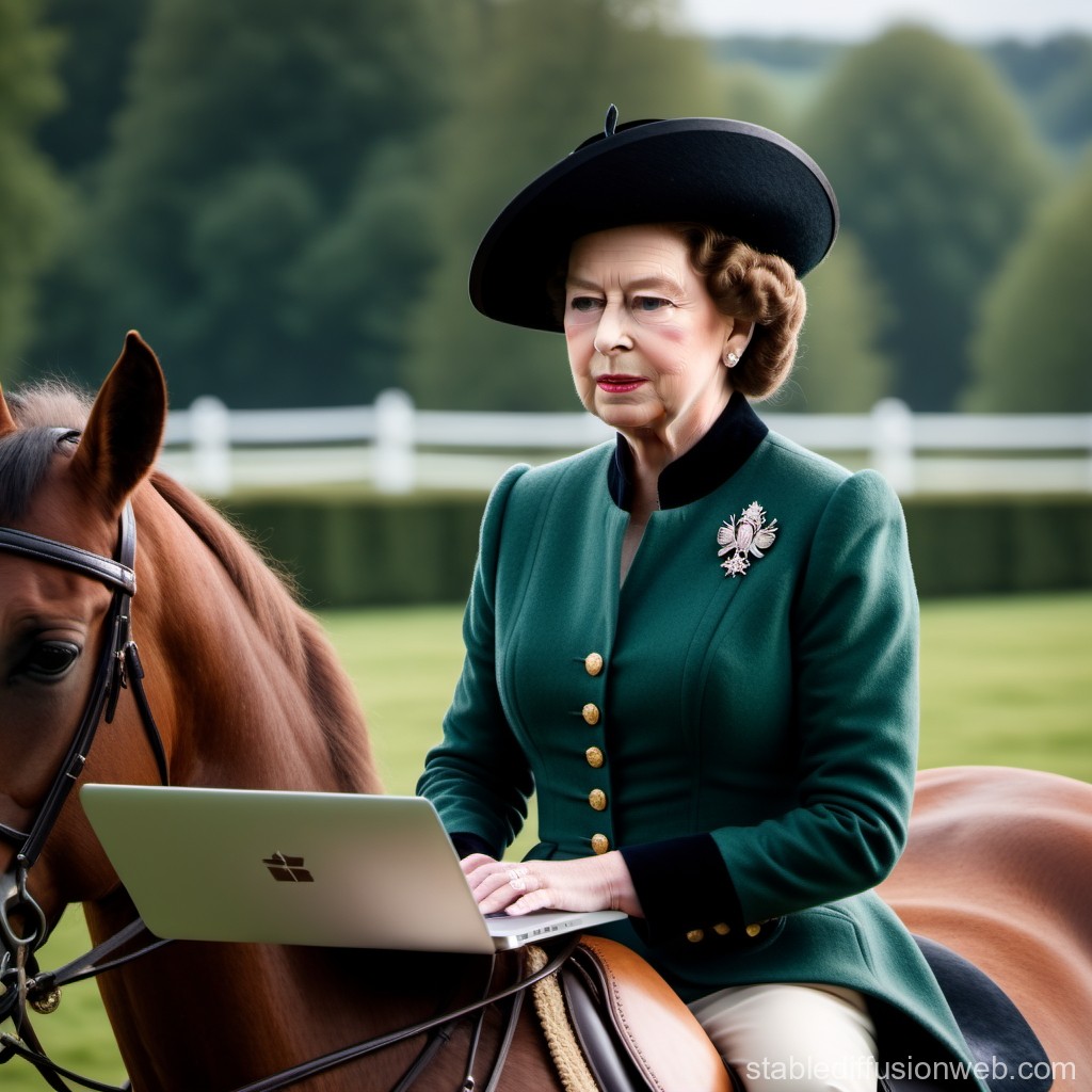 Elegant Woman in Vintage Outfit Using Laptop on Horseback