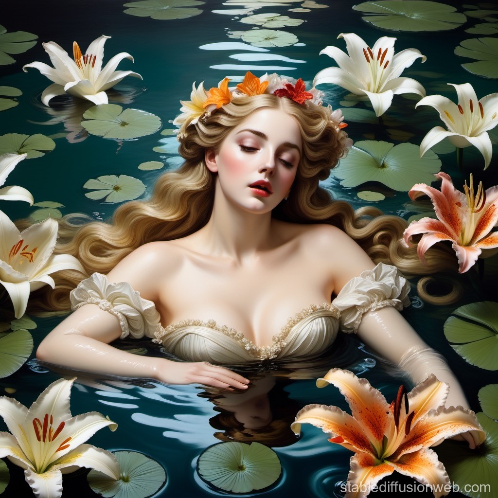 Elegant Woman in Water Surrounded by Lilies