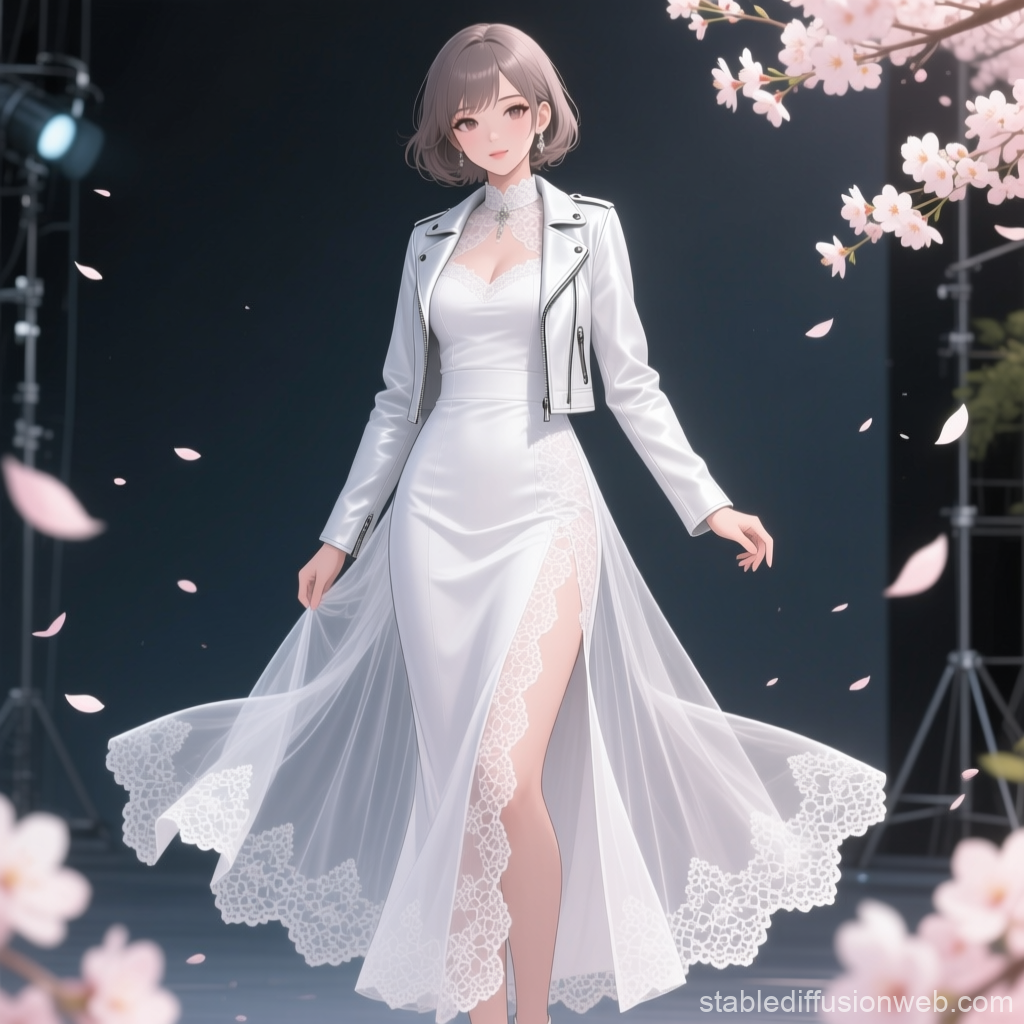 Elegant Woman in White Dress and Jacket with Cherry Blossoms