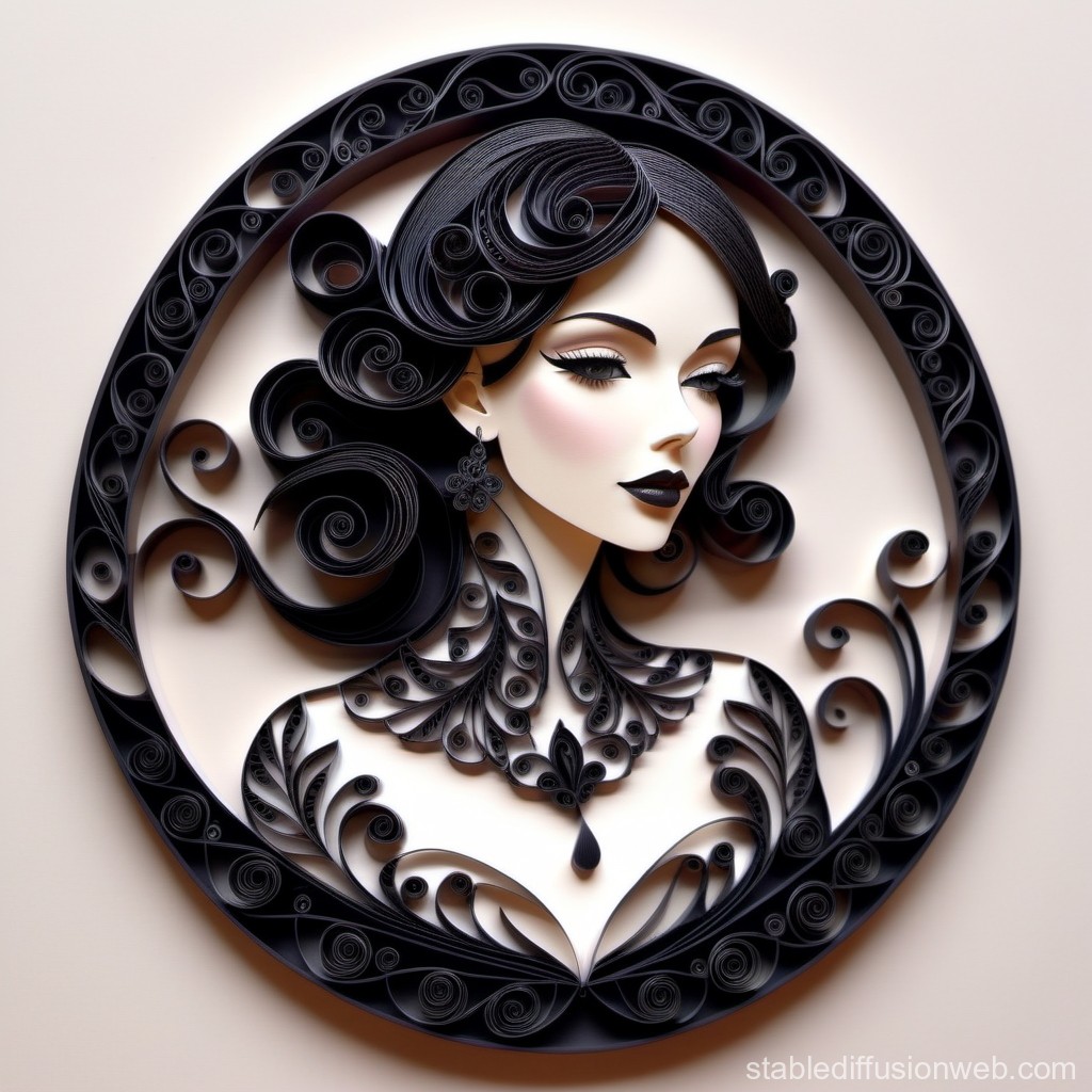 Elegant Woman Portrait in Black Paper Quilling Art