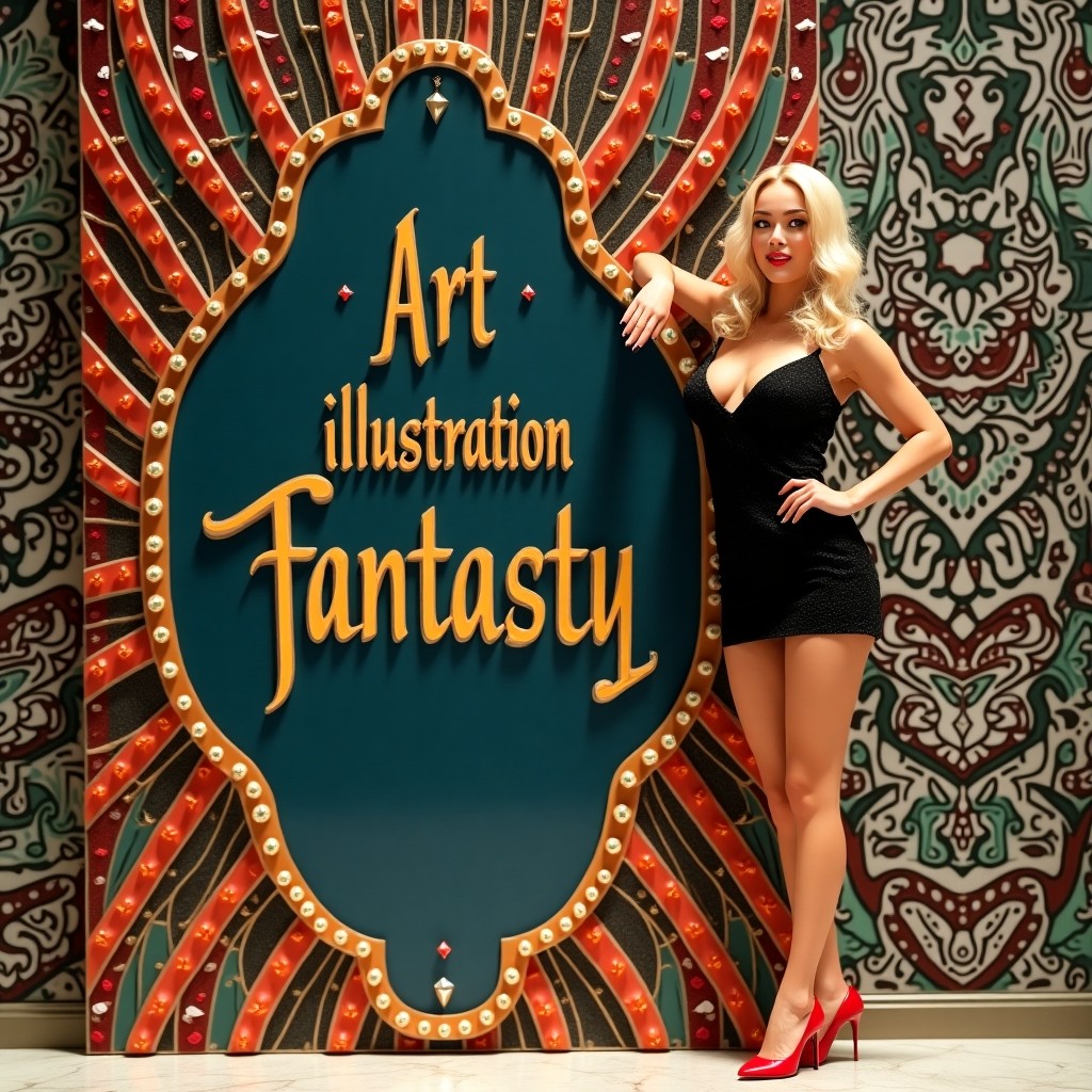 Elegant Woman Posing by Fantasy Art Illustration Sign