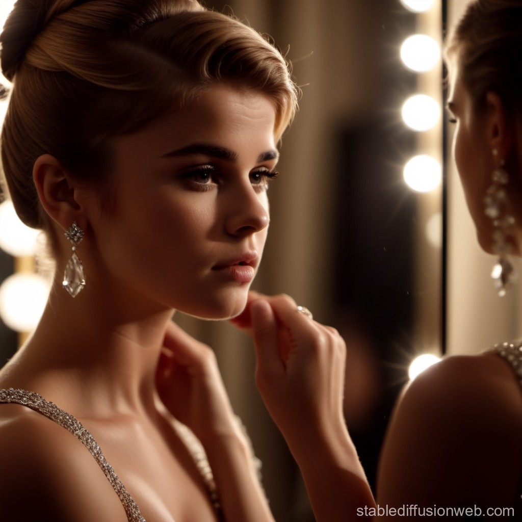 Elegant Woman Preparing in Front of Mirror with Glamorous Lighting