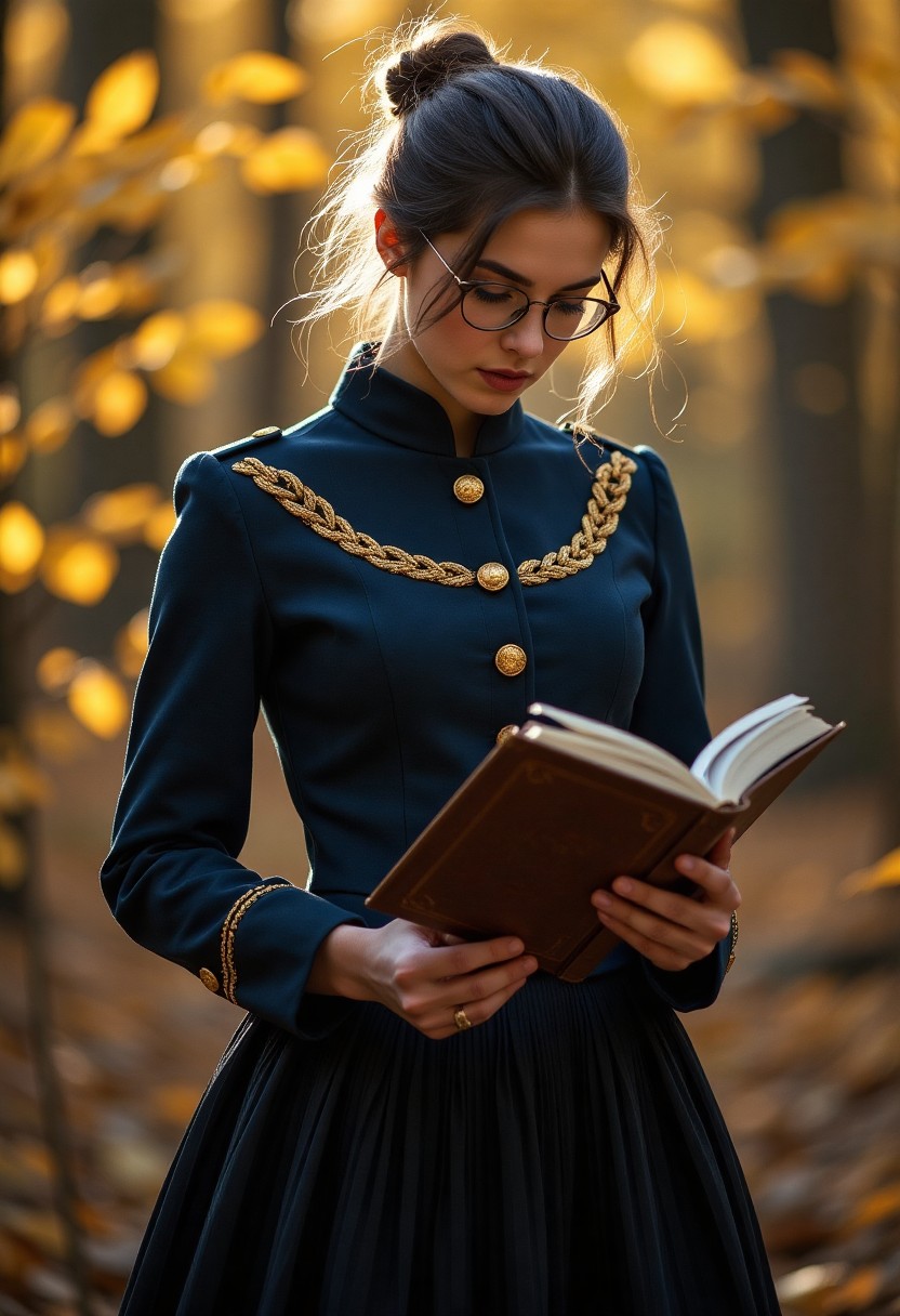 Elegant Woman Reading a Book in Autumn Forest