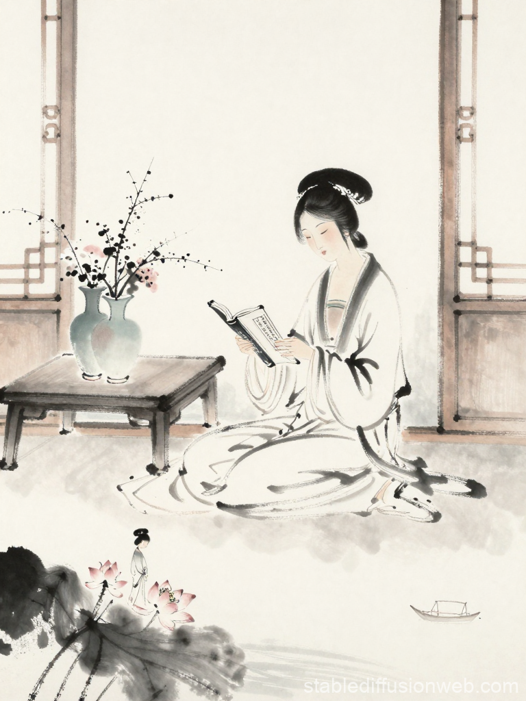 Elegant Woman Reading in Traditional Asian Ink Style