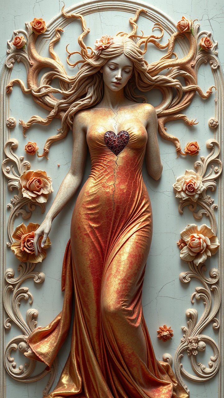 Elegant Woman Sculpture with Heart and Floral Motifs
