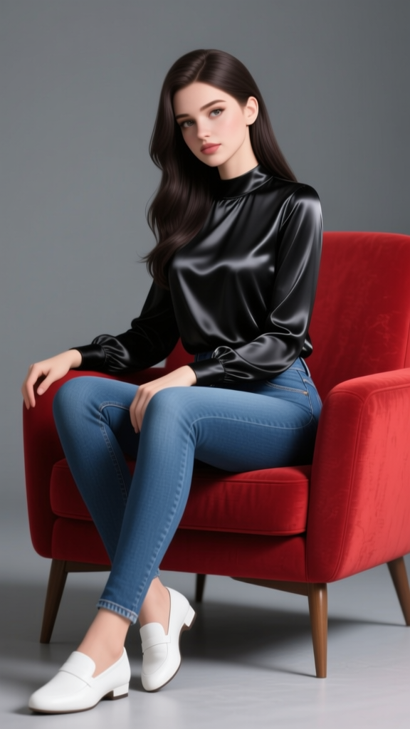 Elegant Woman Sitting on Red Armchair