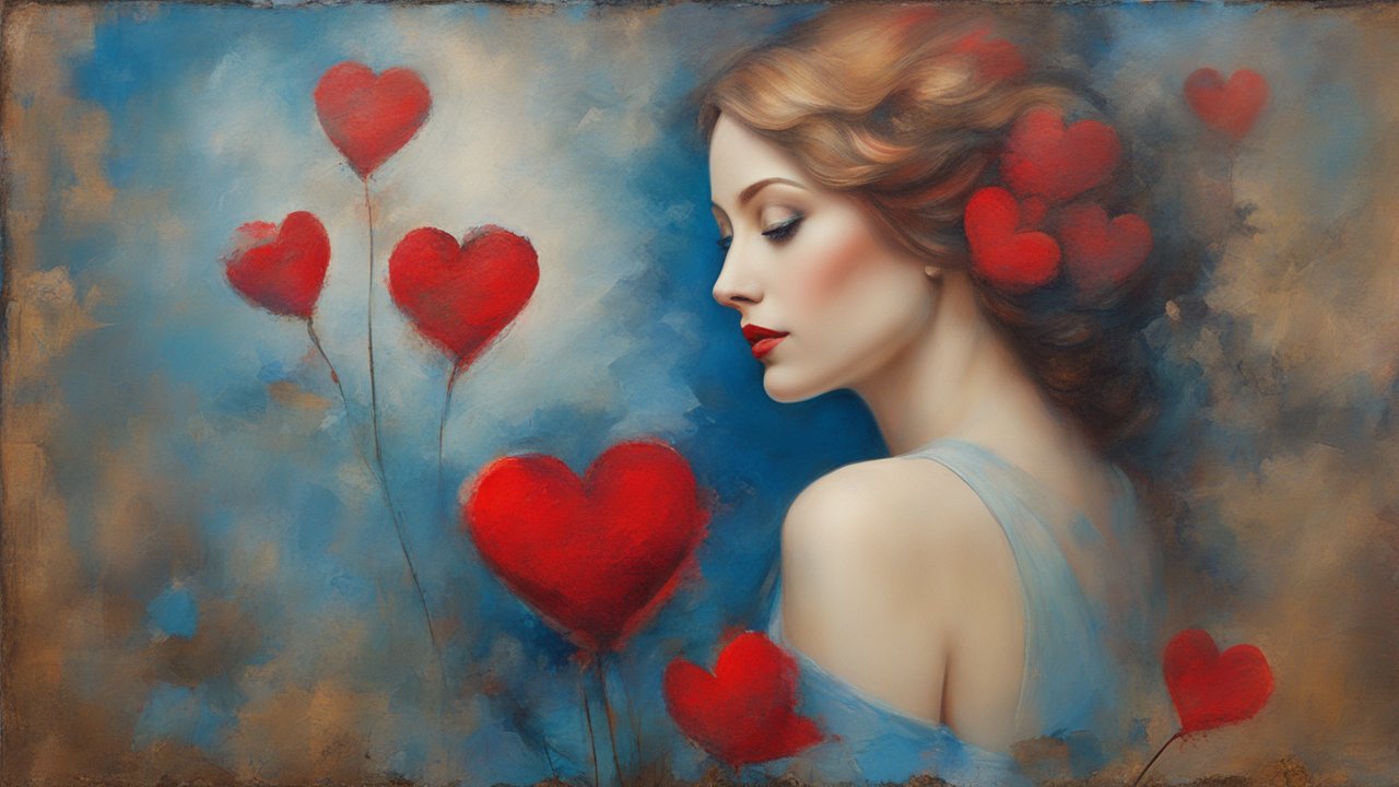 Elegant Woman Surrounded by Red Heart Balloons