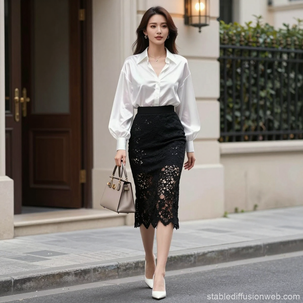 Elegant Woman Walking in Chic Office Attire