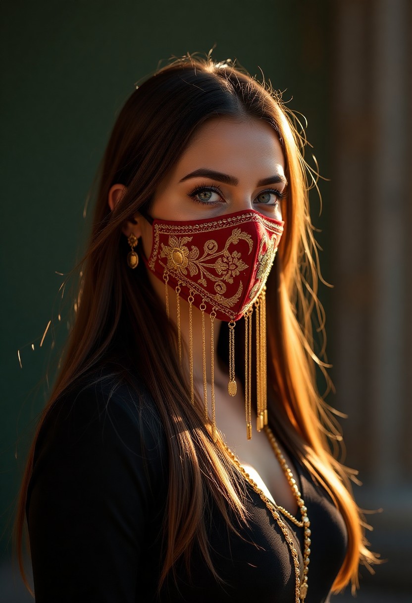Elegant Woman Wearing Ornate Red and Gold Face Mask