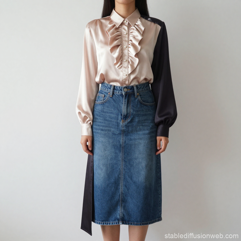Elegant Woman Wearing Satin Ruffled Blouse and Denim Skirt