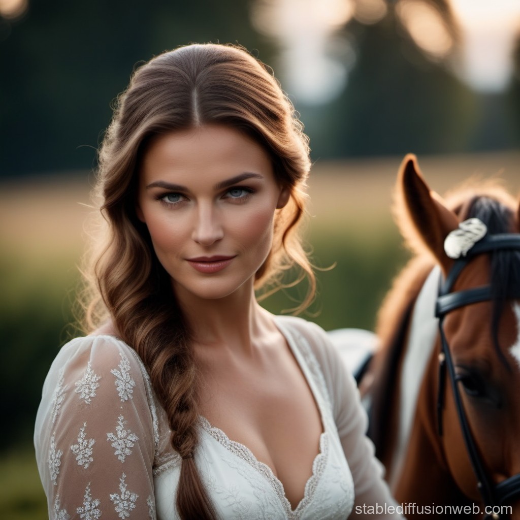 Elegant Woman with Braided Hair and Horse in Soft Natural Light