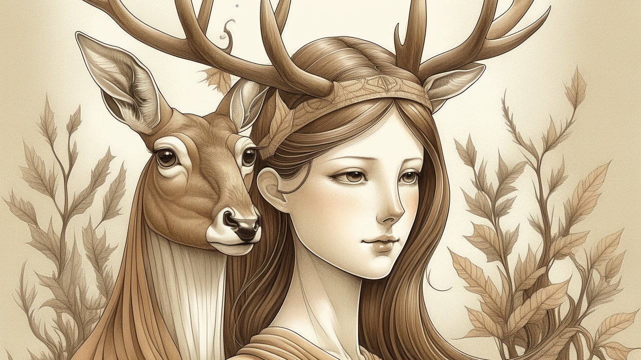 Elegant Woman with Deer Antlers in Sepia Tones